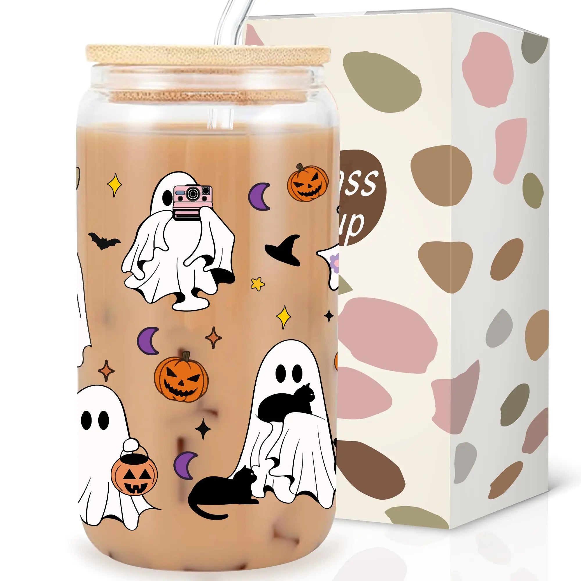 Pfkfo Halloween Ghost Glass Cups with Lids Straws Halloween Cute Ghost Cat Ghost Dog Gifts for Women Cat Lovers Cute Halloween Spooky Gifts for Book Lovers 16oz Iced Coffee Cup Halloween Gifts